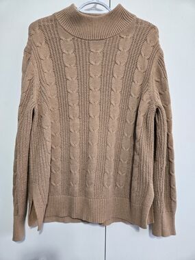 Banana Republic Sweater Womens Large Tan Cable Knit Mock Neck Cotton Blend Cozy